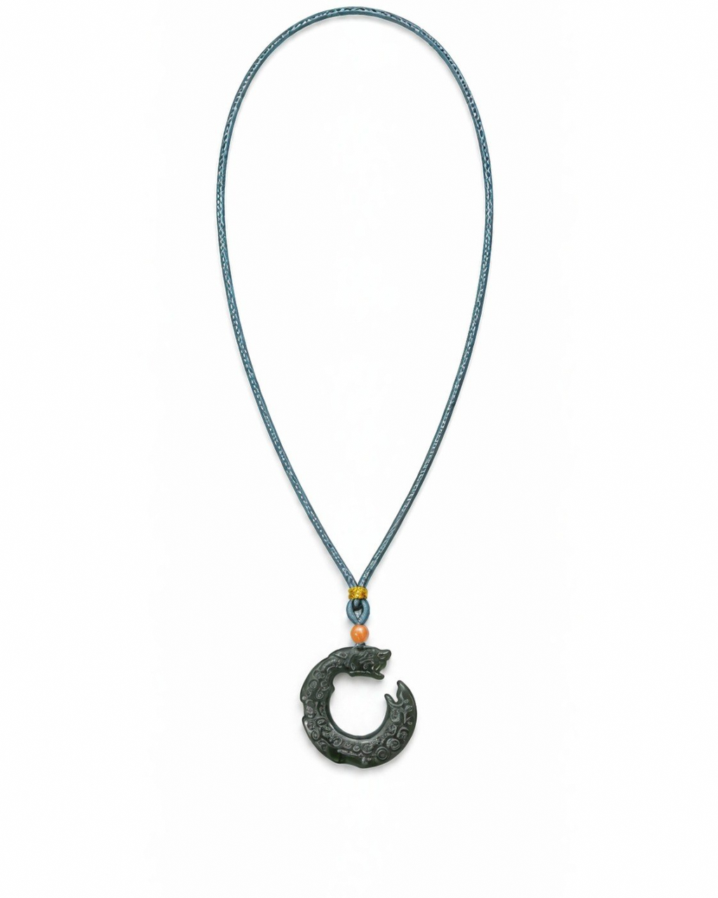 Full Guardián green nephrite jade Dragon pendant with blue braided cord.