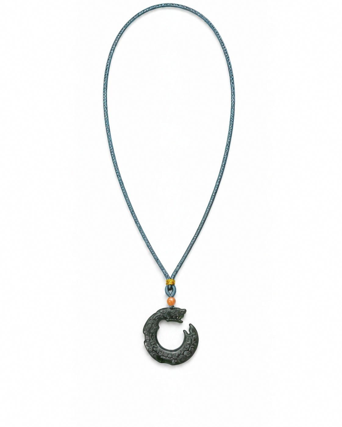 Full Guardián green nephrite jade Dragon pendant with blue braided cord.