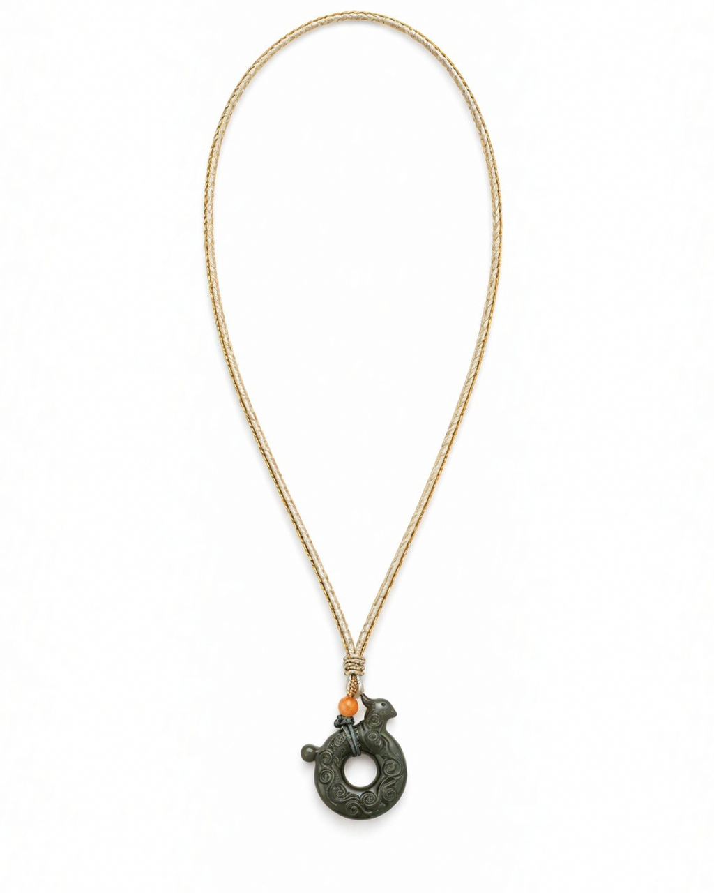 Full Aurora Phoenix necklace with a circular green nephrite jade pendant and light braided cord.