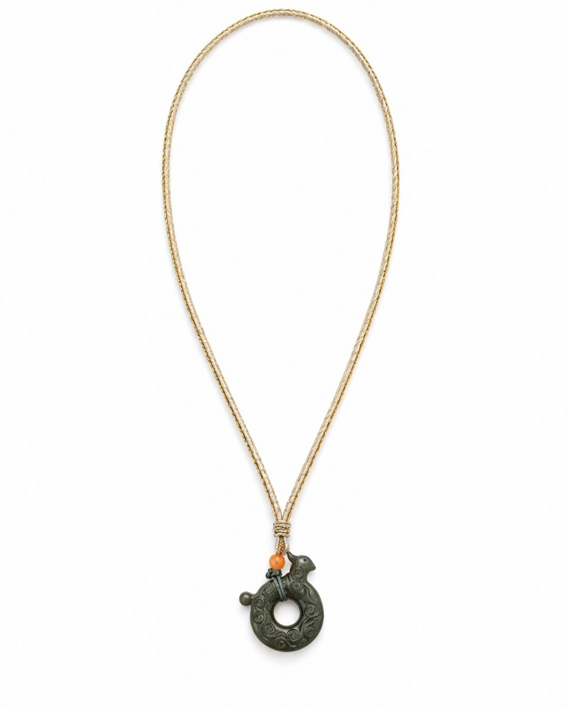 Full Aurora Phoenix necklace with a circular green nephrite jade pendant and light braided cord.