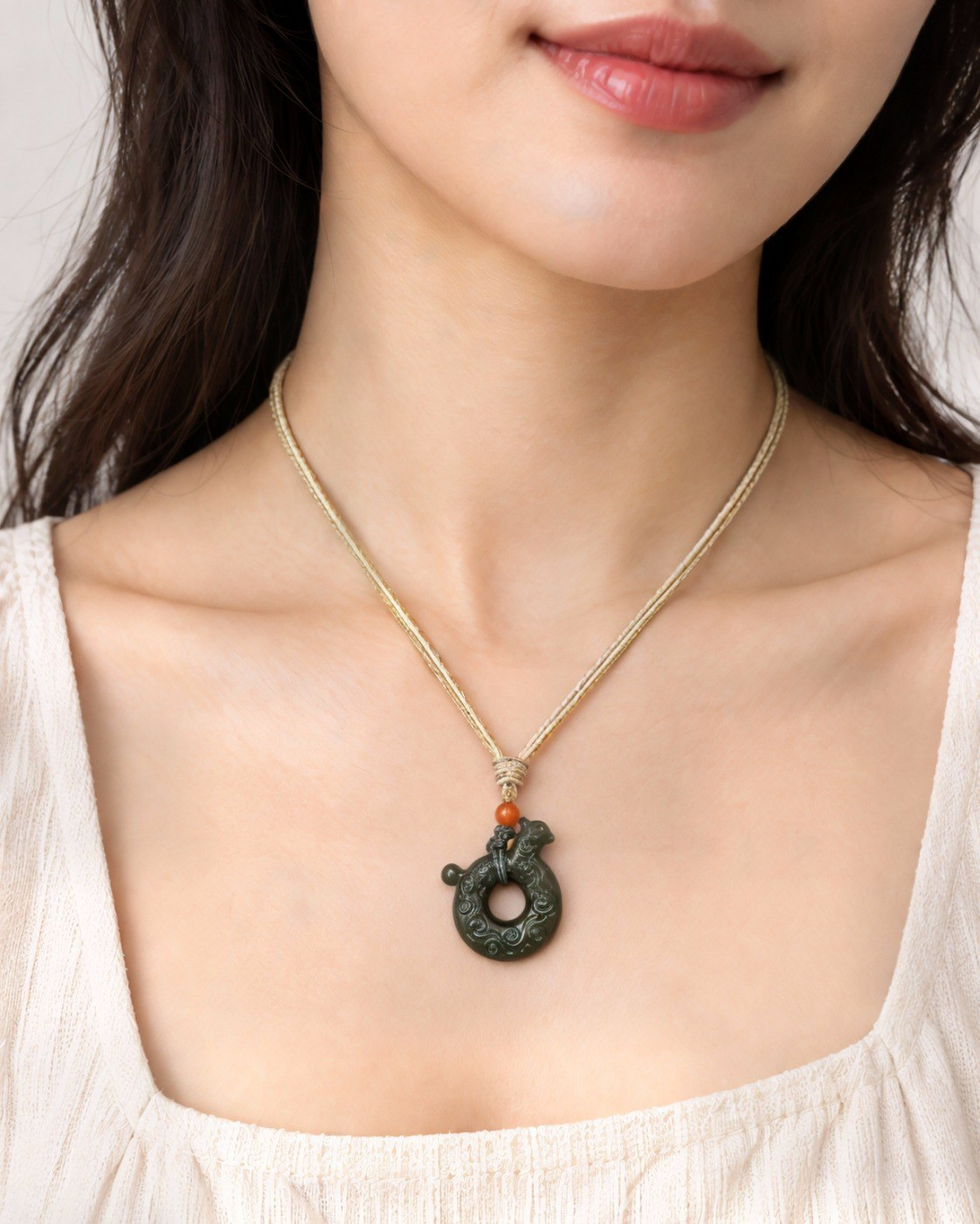 Aurora green nephrite jade Phoenix necklace worn with a light blouse.