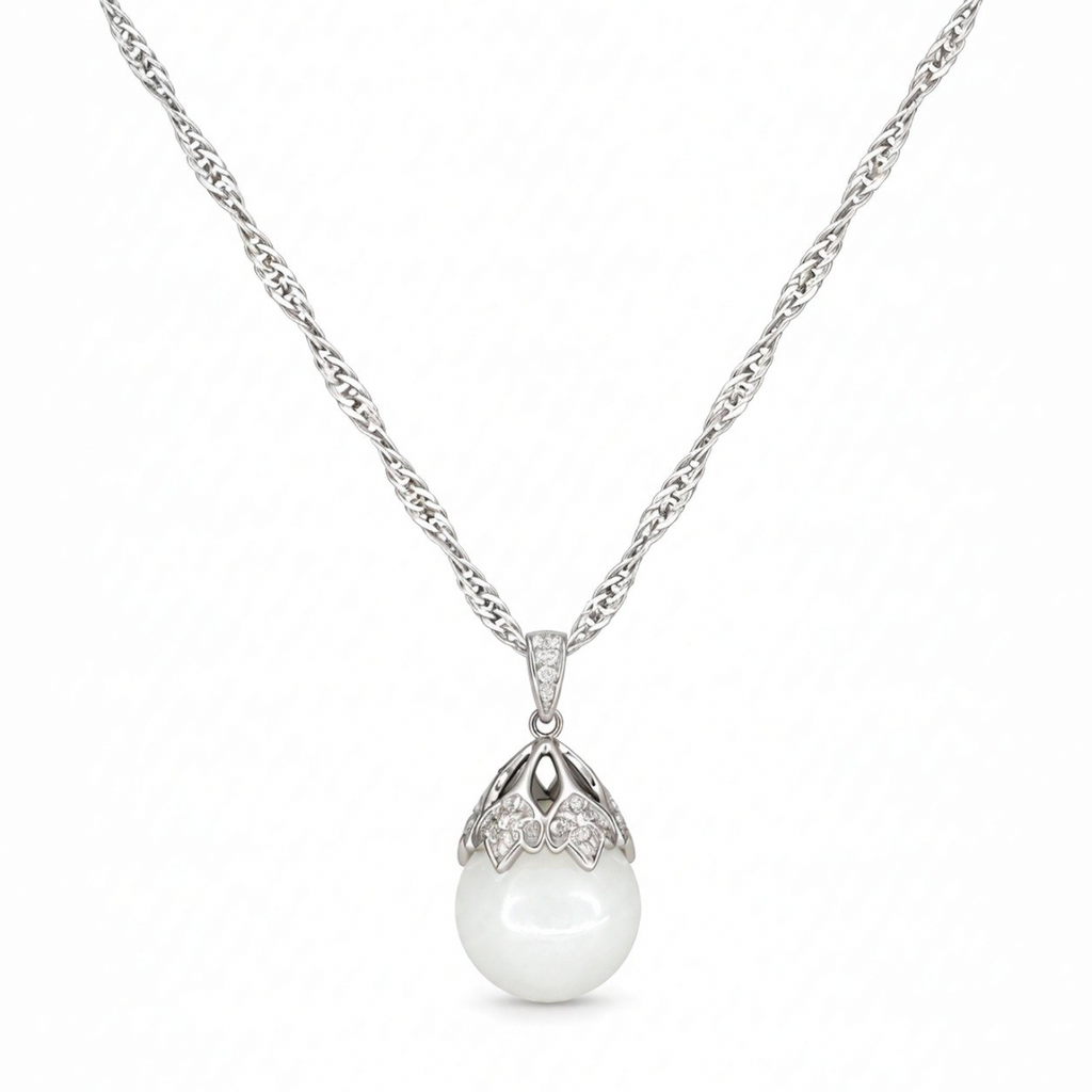 Luna necklace with a white nephrite jade sphere, sterling silver and cubic zirconia.