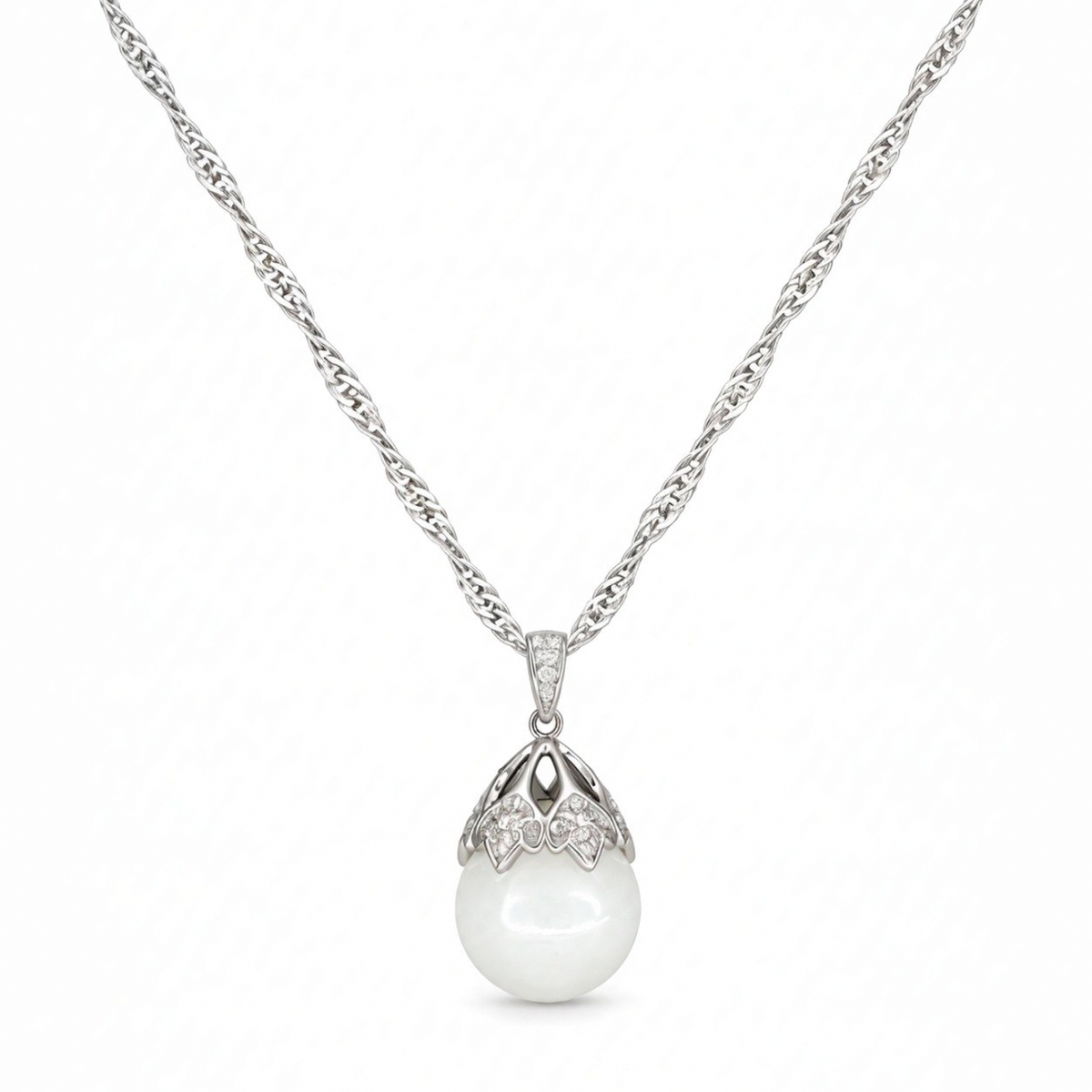 Luna necklace with a white nephrite jade sphere, sterling silver and cubic zirconia.