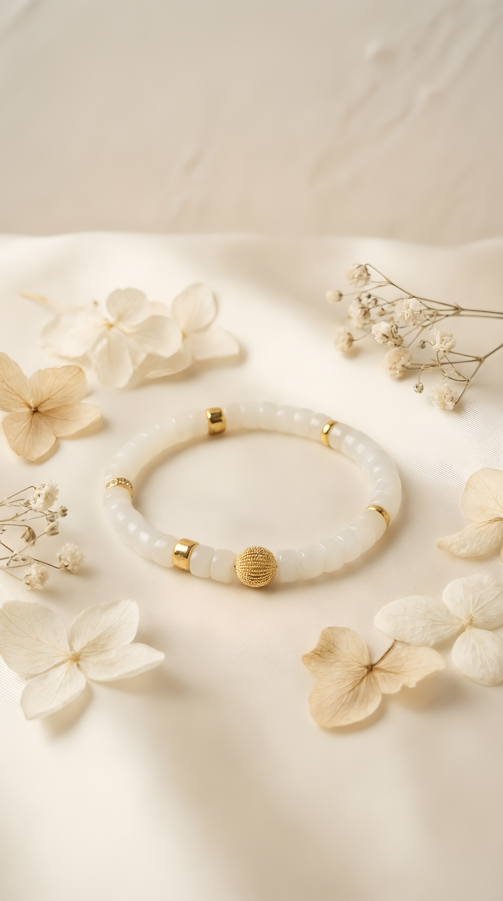 Close-up of white nephrite jade beads with gold bead