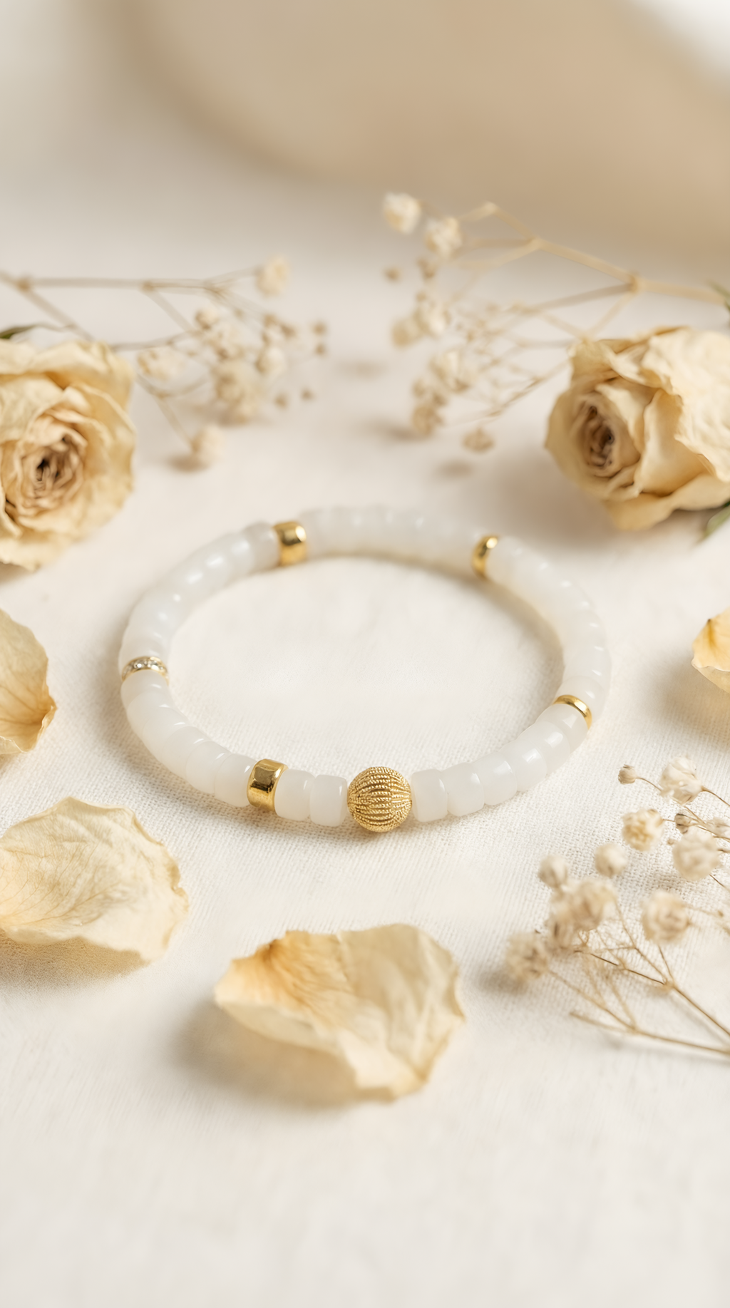 White jade bracelet detail showing bead translucency