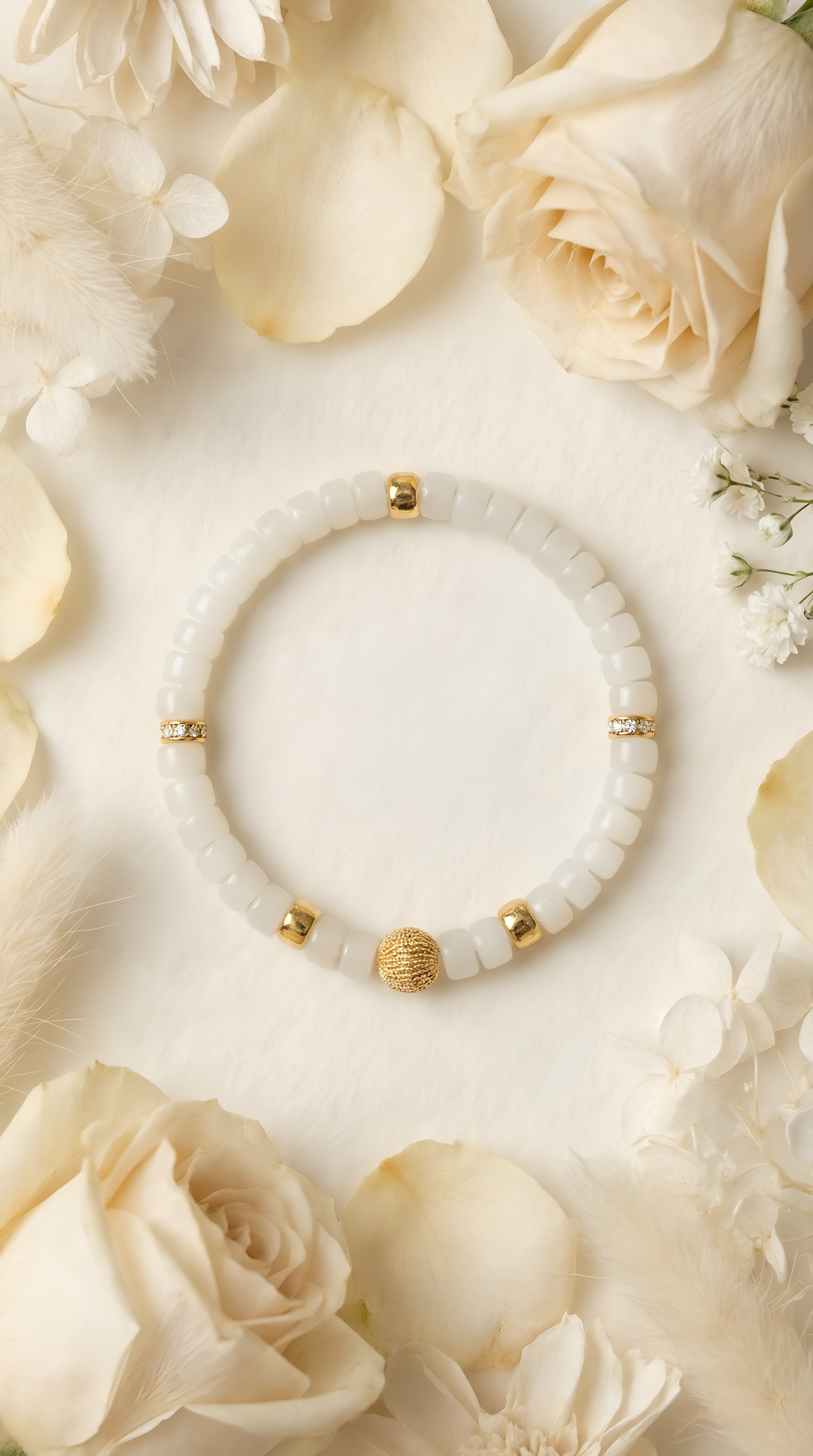White jade gold bead bracelet on dark background