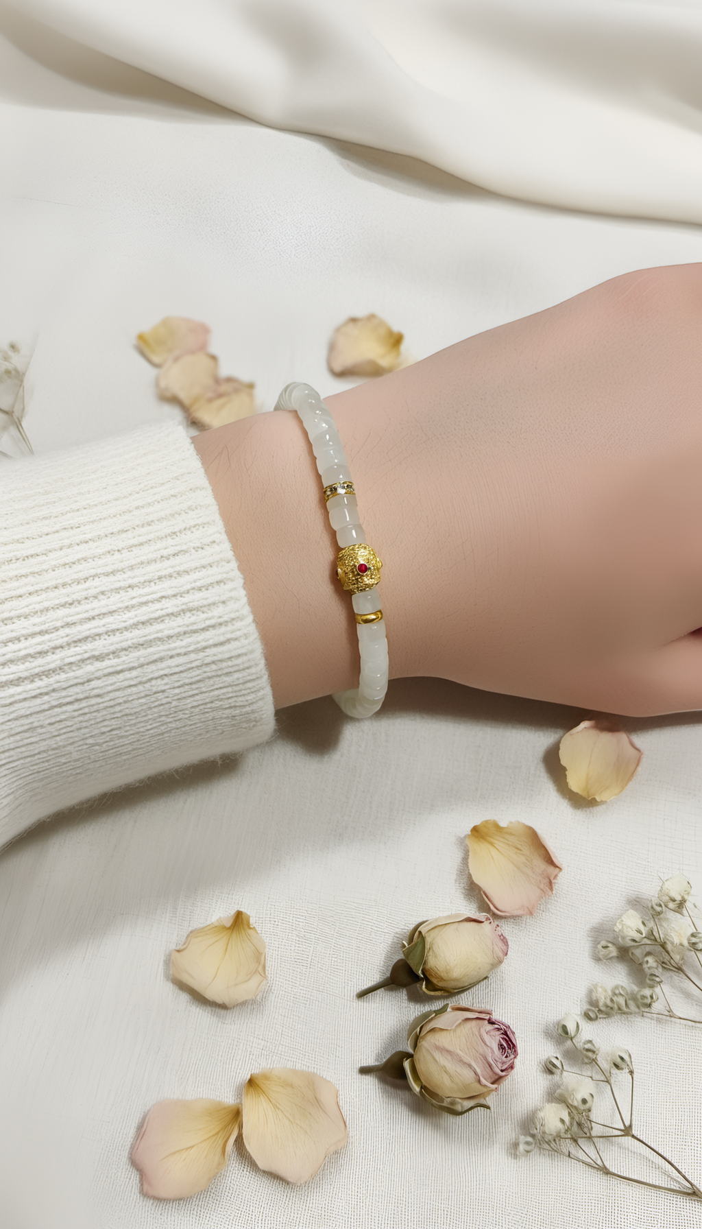 White jade gold bead bracelet lifestyle model shot