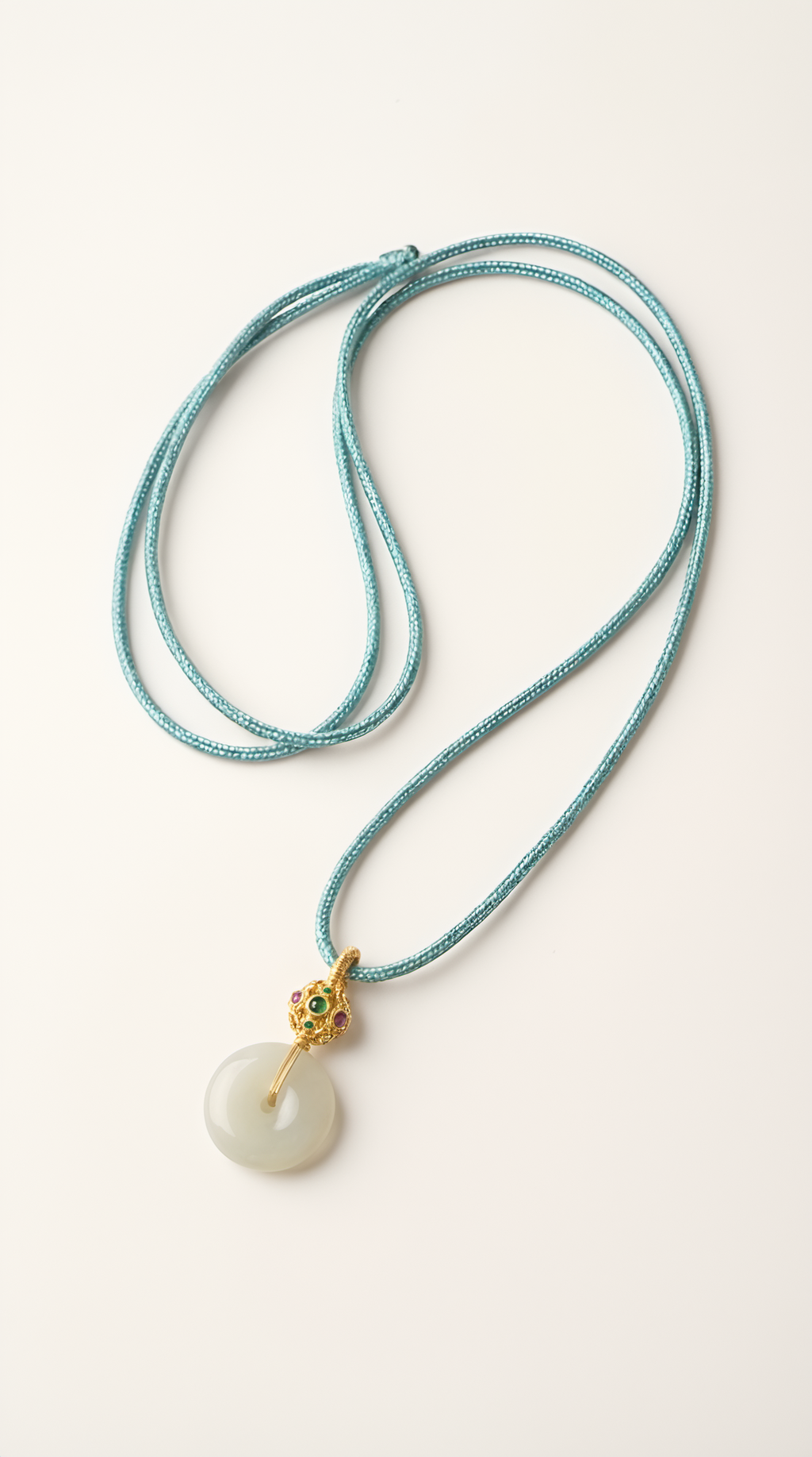 White jade disc pendant necklace with gold-plated chain on dark background