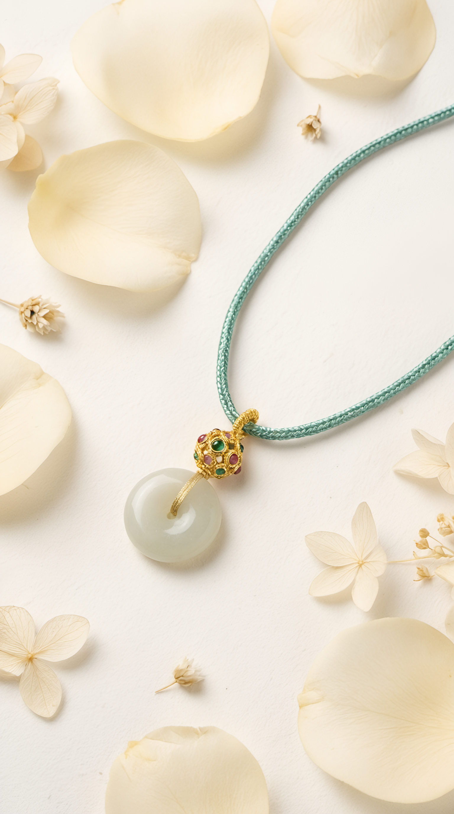 Close-up of hand-carved white nephrite jade disc pendant