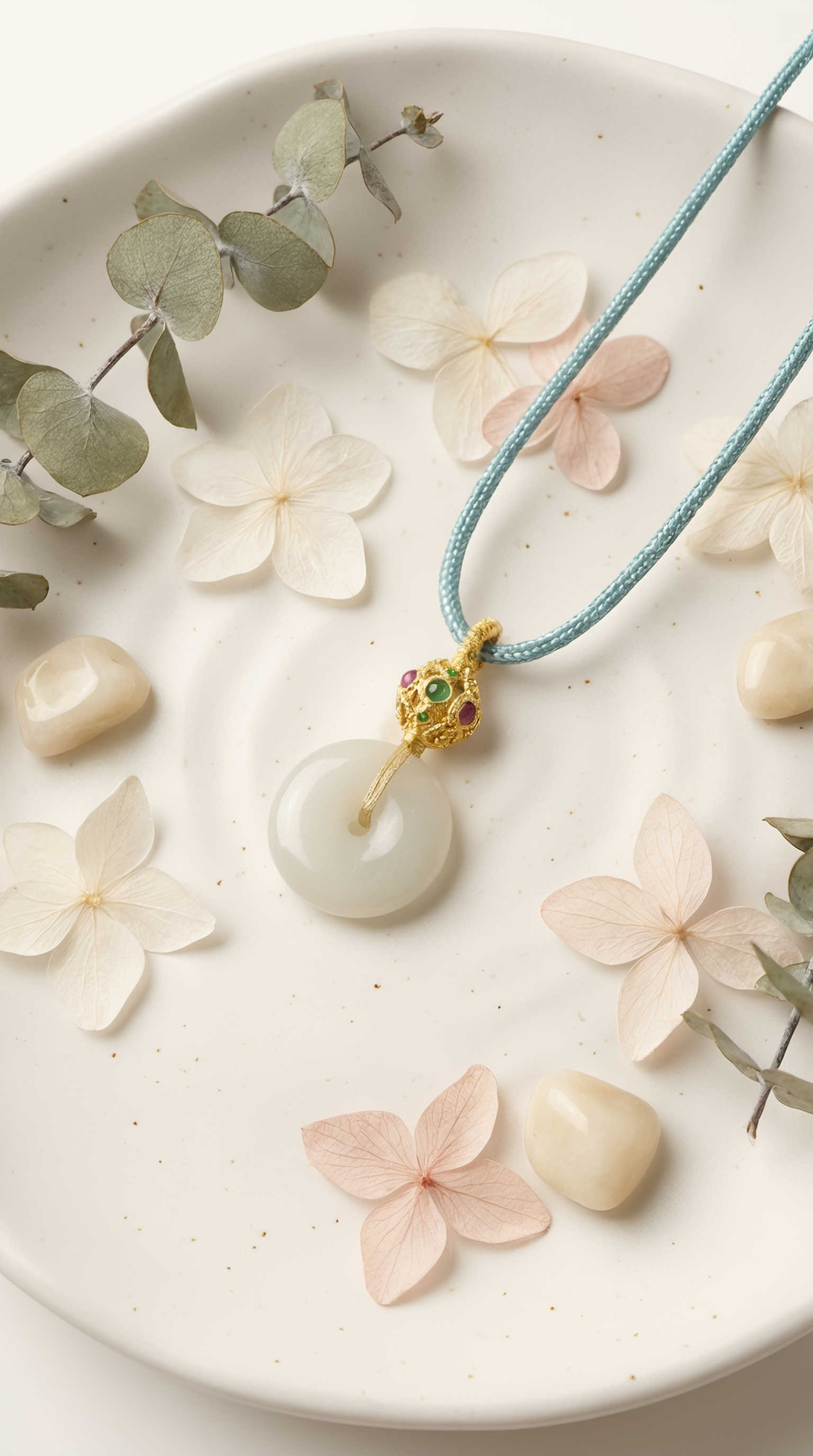 White jade peace buckle disc pendant with adjustable chain