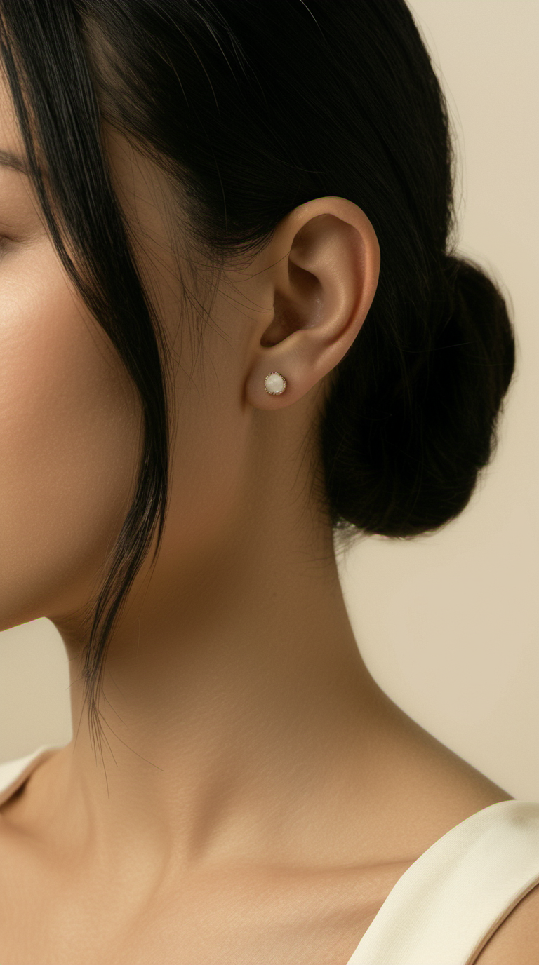 White jade gold bead stud earrings worn by model