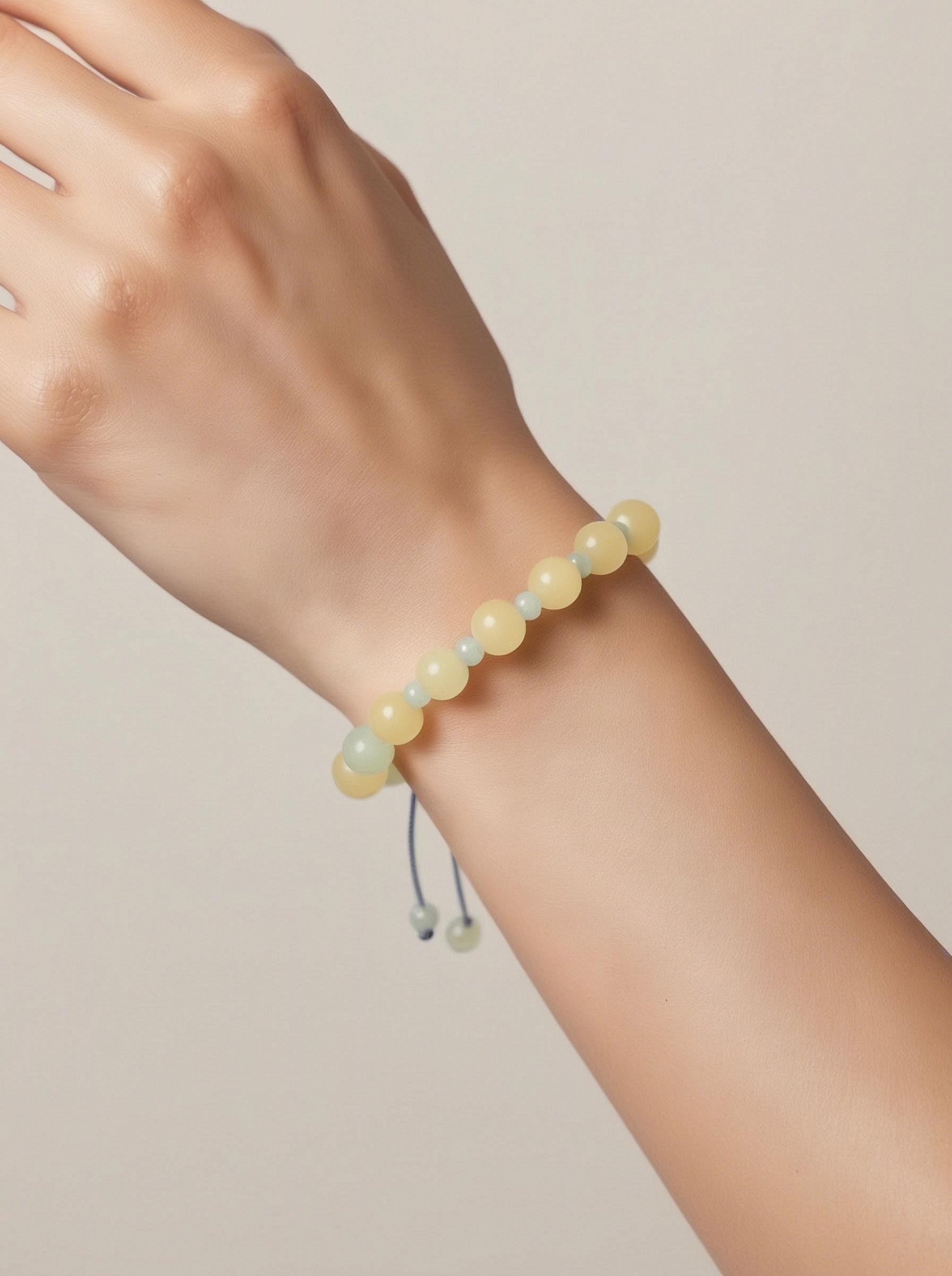 Pulsera de Jade Amarillo y Aguamarina con Cordón Azul Ajustable
