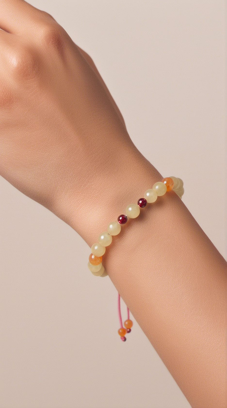Pulsera de Jade Amarillo con Cordón de Seda Rosa Ajustable